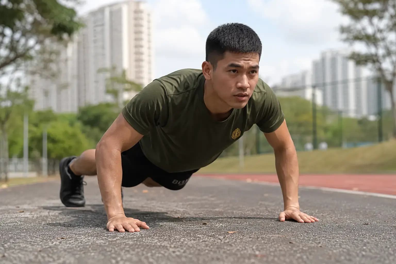 Man performing IPPT push-up station outdoor on track in Singapore