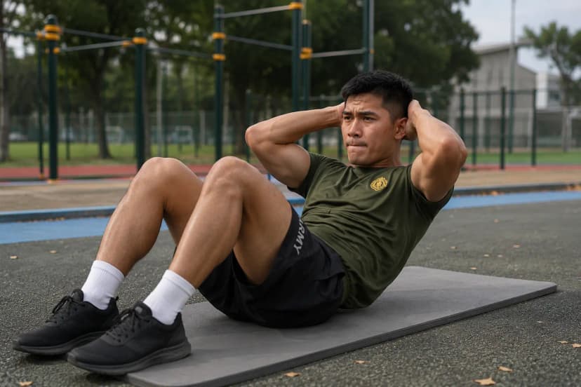 Man performing IPPT sit-up station during fitness training